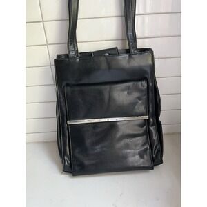 Y2K GUESS Handbag Tablet Organizer Shoulder Tote Black Leather Bag Silver Metal